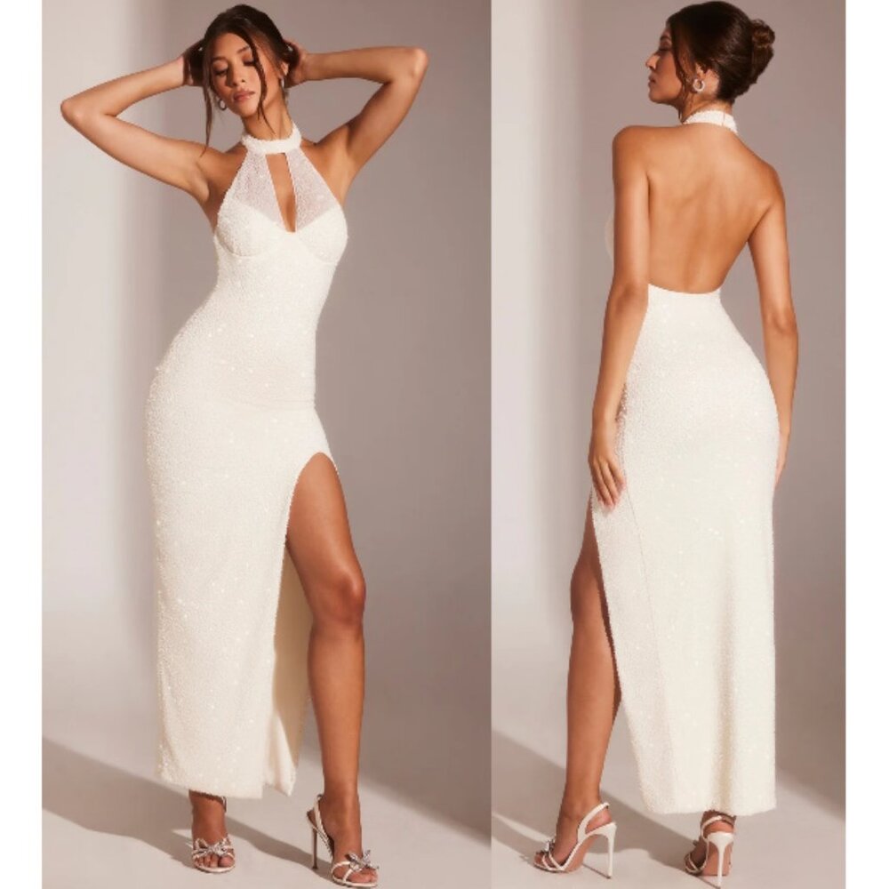 Oh Polly Sicily Embellished High Neck Keyhole Gown in Ivory/Cream - Hemmed